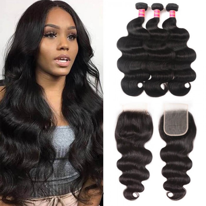 Nadula Swiss Pre Pluck Lace Closure With Body Wave Virgin Hair Weave 3 Bundles Soft Unprocessed Virgin Human Hair