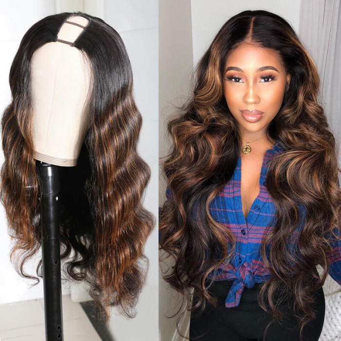 Nadula 20‘’ original price $210.57  U Part Body Wave Wigs 2×4 inch U Part Dark Auburn Virgin Human Hair Wigs 150% Density