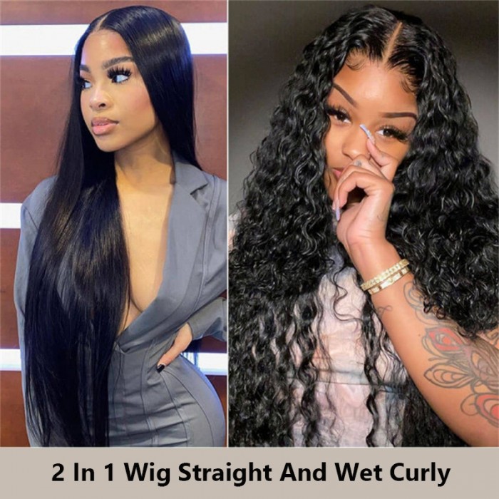 Nadula V Part 2 In 1 Wig Dry Straight Or Wet Curly Human Hair Skin Melted Hairline Wigs