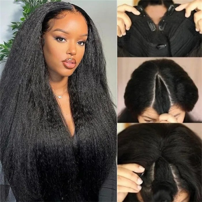 Nadula $100 Off V Part Kinky Straight Human Hair Wigs Protective Style Wigs No Lace No Gel Glueless Kinky Human Hair Wigs For Women