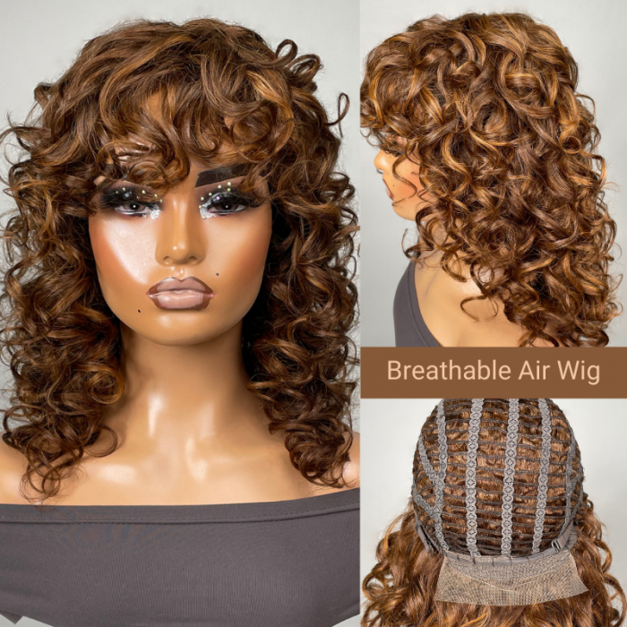 Nadula Wolf Cut Curls Bob Wig Brown Highlight Color Wigs With Bangs Air Wig