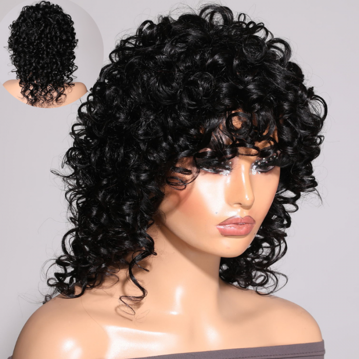 Nadula Glueless Air Wig Wolf Cut Bob Wig With Bangs Curly Human Hair Wigs