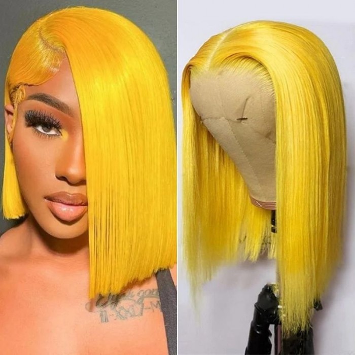 Nadula Free Gift Wig For Giveaway Yellow Bob Wig 13x4 Short Straight Human Hair Wigs Only Can Get With Normal Hair Order