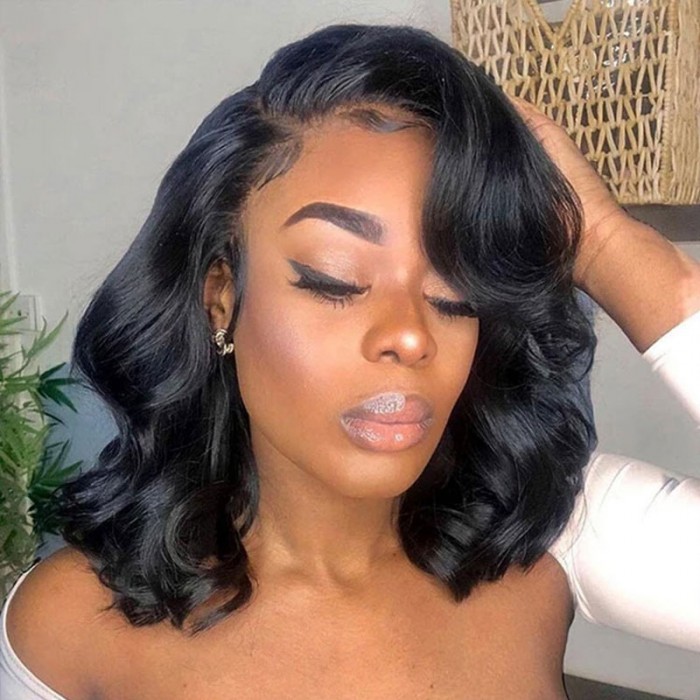 Nadula Buy 1 Get 1 Free Office Lady Body Wave Bob Lace Front Wig 180% Density + Blunt Cut Bob Wig