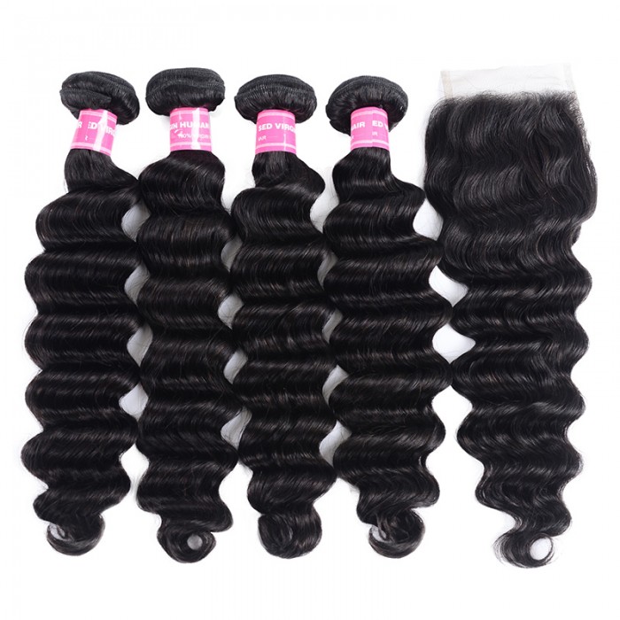 Nadula Loose Deep Virgin Hair Weave 4 Bundles With Closure 100% Virgin Hair With 10in-20in Lace Closure