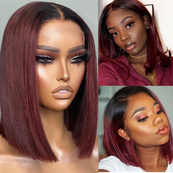 Nadula Whatsapp Flash Deal Short Bob Ombre 99J Straight Bob Wig Pre Plucked 4x4 Lace Closure Wig Red Wine Color Hair