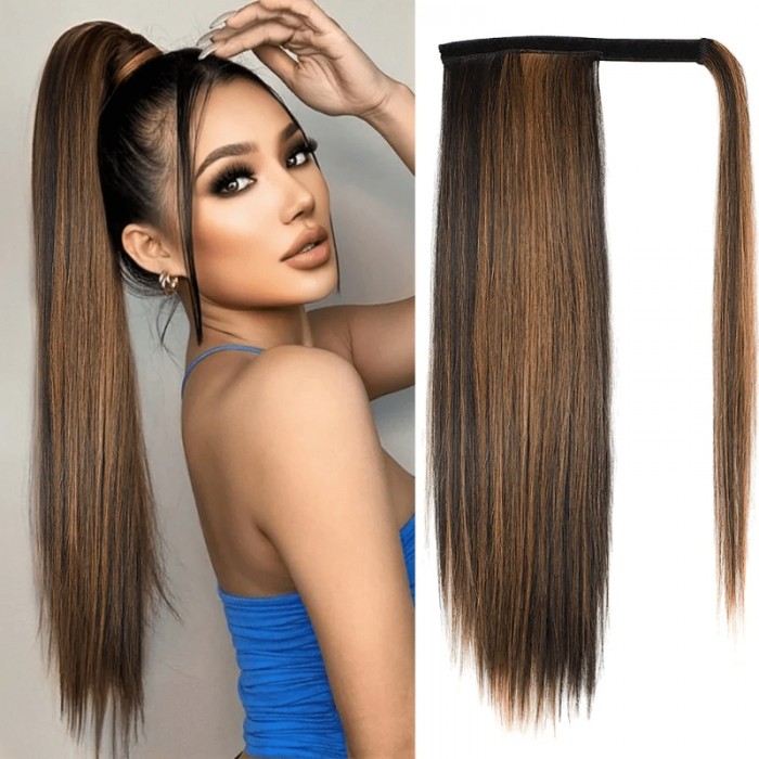 Nadula Straight Drawstring Ponytail Hair Extensions Wrap Around With Clips In Ombre Brown Color