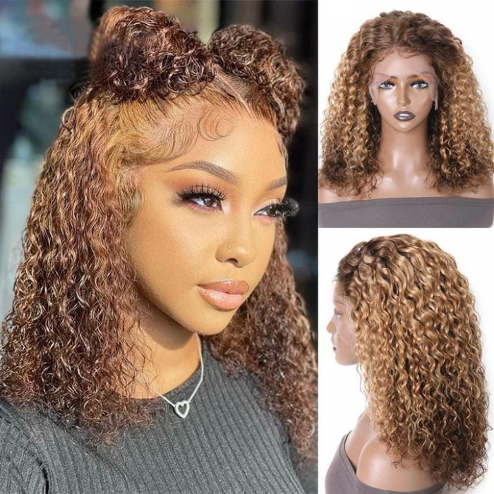 Nadula Honey Blonde Colored Wig Ombre Brown Water Wave Lace Front Human Hair Wig