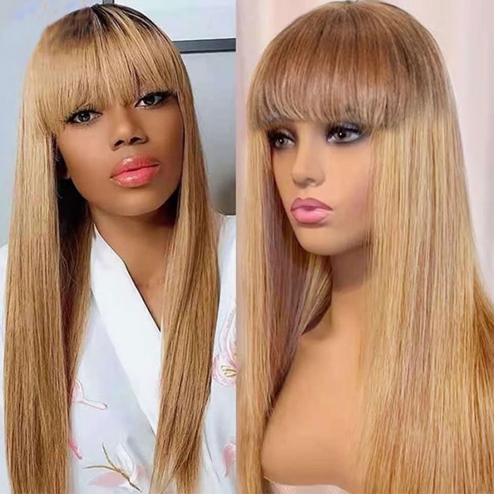 Nadula Long Light Platinum Blonde Wigs with Bangs Wig Brown Roots Ombre 13*4 Inch Transparent Lace Front Wigs