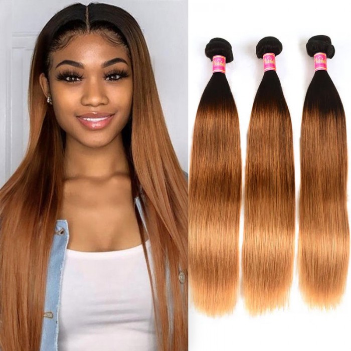 Nadula Affordable Straight Ombre Hair Weave 3 Bundles 3 Tone Color Ombre Human Hair Extensions