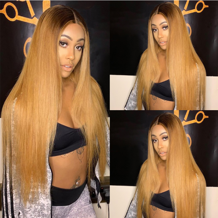 Nadula Straight Ombre Golden Brown Balayage 13*4 Lace Front Human Hair Wig With Baby Hair Shadow Root Fashion Wig