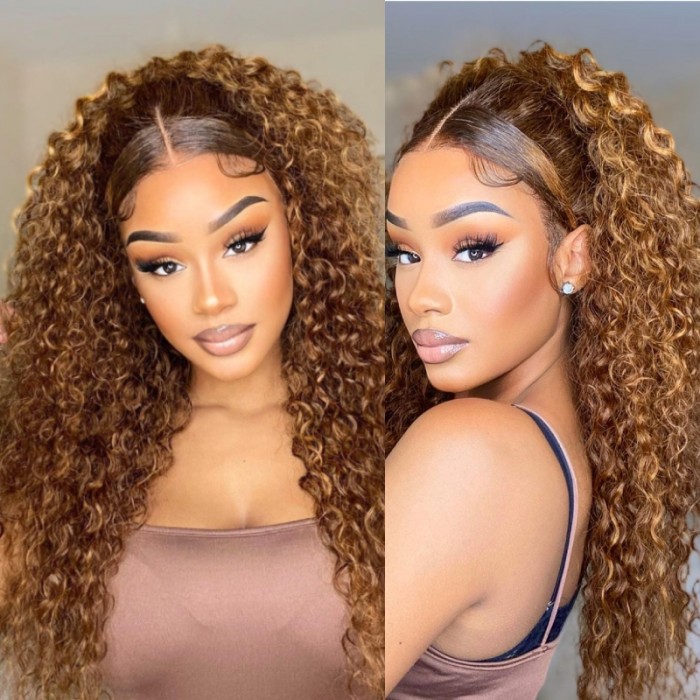 Nadula 13x4 Jerry Curly Lace Frontal Wig Piano Brown Highlight Wig Human Hair Wigs for Women Pre Plucked Natural Hairline
