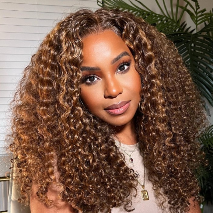 Nadula 13*4 Lace Frontal Jerry Curly Human Hair Wig Piano Brown Highlight Color 150% Density Wig