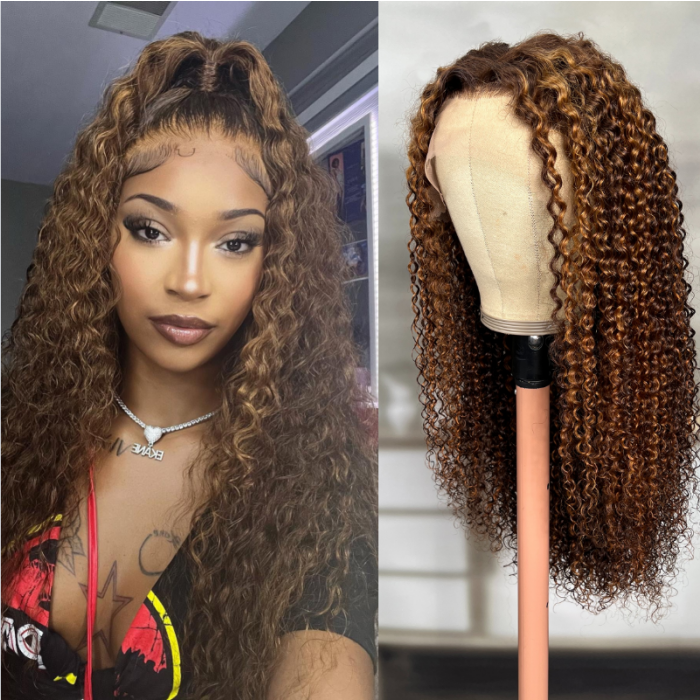 Nadula 13*4 Lace Frontal Jerry Curly Human Hair Wig Piano Brown Highlight Color 150% Density Wig