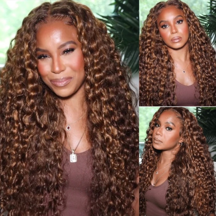 Nadula Piano Brown Water Wave Lace Wig 13x1 T Part Highlight Wig Affordable P430 Colored Human Hair Wigs