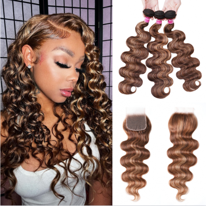 Nadula Body Wave 3 Bundles Hair Weave With 4*4 Inch Lace Closure Piano Honey Blond Highlight Brown Color Unprocessed Hair