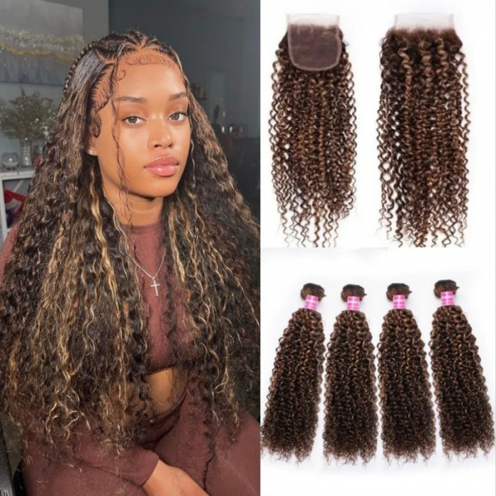 Nadula 4pcs Brazilian Honey Blonde Highlight Curly Hair Bundles with Lace Closure Human Hair Bundles