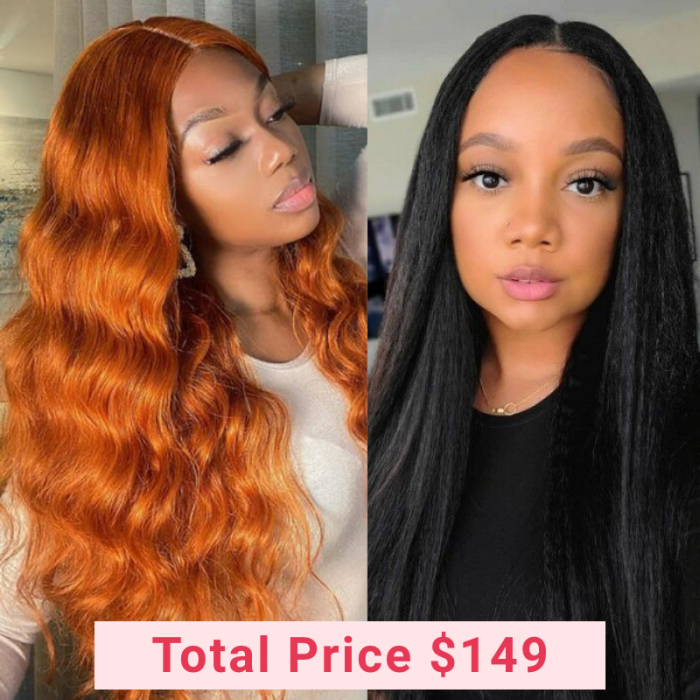 Nadula Buy One Get One Free 18 Inch Body Wave Ginger 4x0.75 Lace Part Wig With 22 Inch Kinky Straight U part Natural Black Wigs