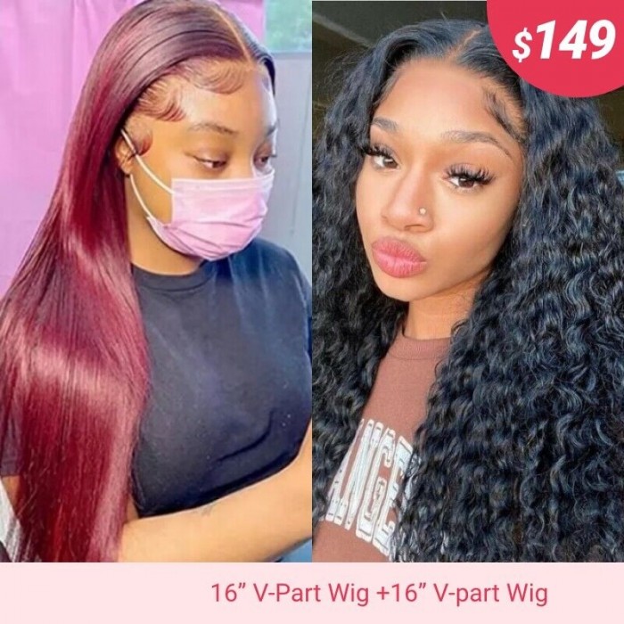 Nadula Whatsapp Flash Deal 2 Wigs 16 Inch Water Wave V Part Wig With 16 Inch Burgundy Straight Upgraded U part Wig