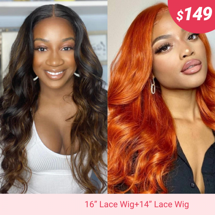 Nadula Flash Sale 2 Wigs 14 Inch Ginger Color Body Wave Wig And 16 Inch Balayage Highlight Body Wave Wig
