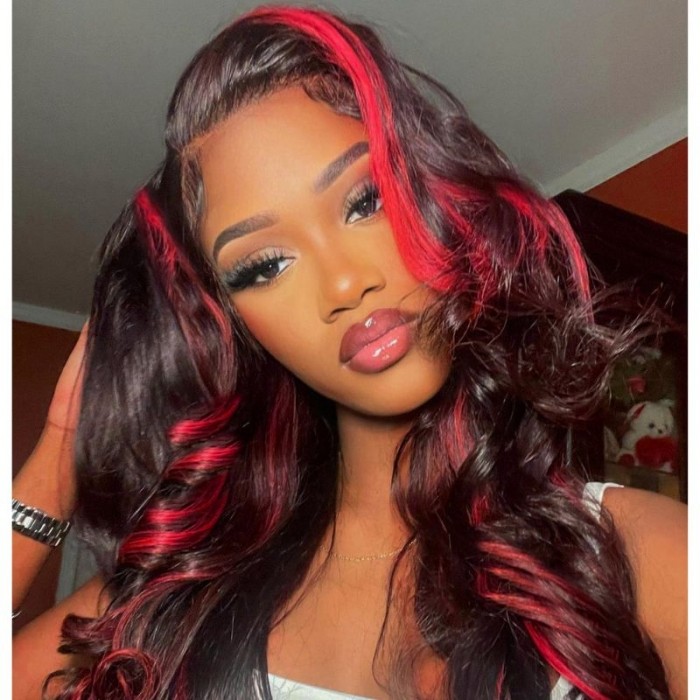 Nadula Flash Deal 13X4 Rose Red Highlight Wig Gorgeous Loose Wave Lace Frontal Wig Dark Burgundy Human Hair Wigs with Highlights Color Pre-plucked