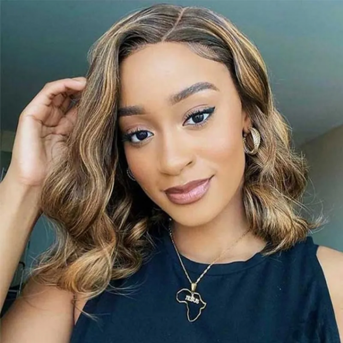 Nadula Natural Wave Lace Frontal Short Bob Wig Voluminous Bouncy LT430 Ombre Auburn Highlight Color Wig 180% Density