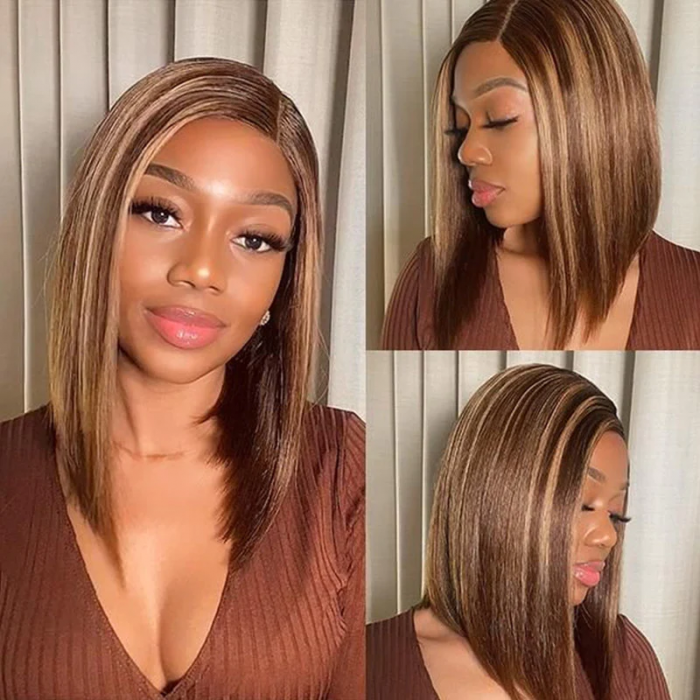 Nadula T Part Lace Short Bob Wig With Piano Brown Highlight Auburn Color