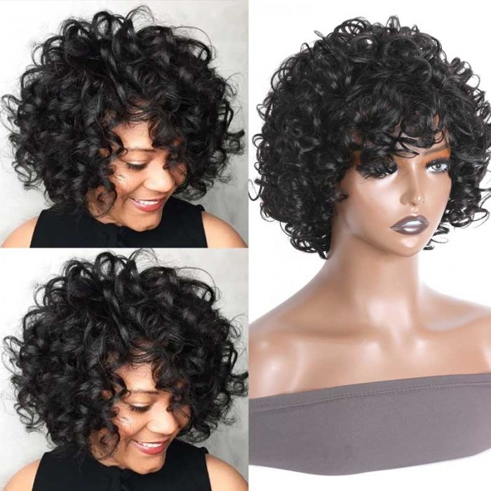 Nadula Short Bouncy Curls Human Hair Wigs With Bangs Glueless Pix Cut Wigs For Black Women