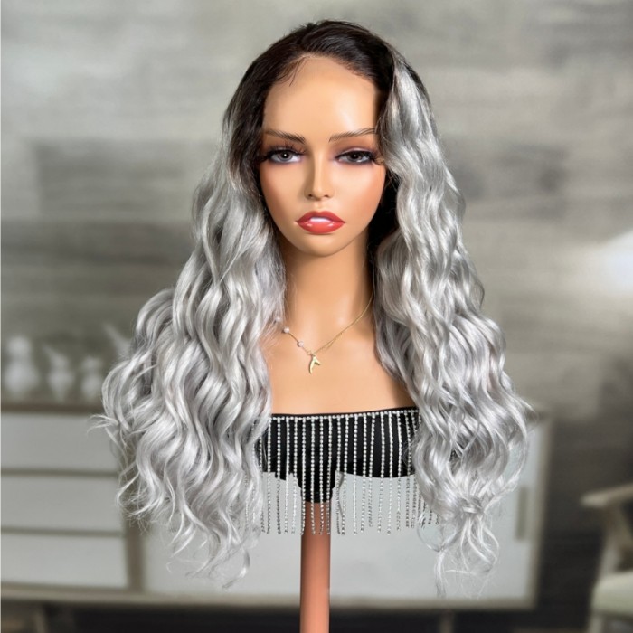 Nadula TEST Lace Front Wavy Human Hair Wig Silver Gery Color With Dark Roots