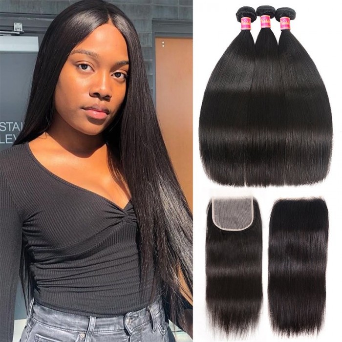Nadula Straight Hair Weave 3 Bundles With Lace Closure Soft Silk Unprocessed Virgin Human Hair