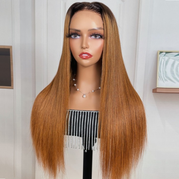 Nadula HD Lace Closure Wig 180% Density Light Auburn Ombre Straight Wig with Dark Roots 5X5 Lace Closure Glueless Wig
