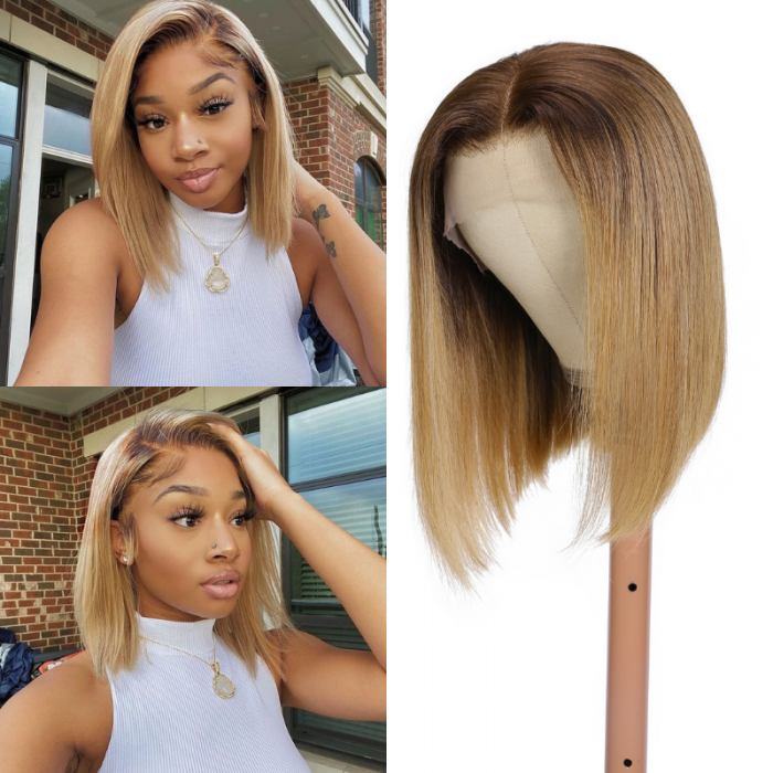 Nadula Ombre Golden Blonde Straight Bob Wig 13X4 Lace Front With Brown Roots Balayage Wig Pre Plucked