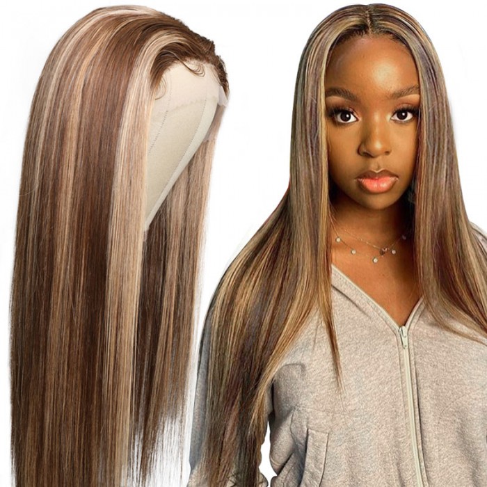 Nadula Three Part Highlight Straight Human Hair Wigs With Natural Hairline TL412 Brown Color Lace Wigs