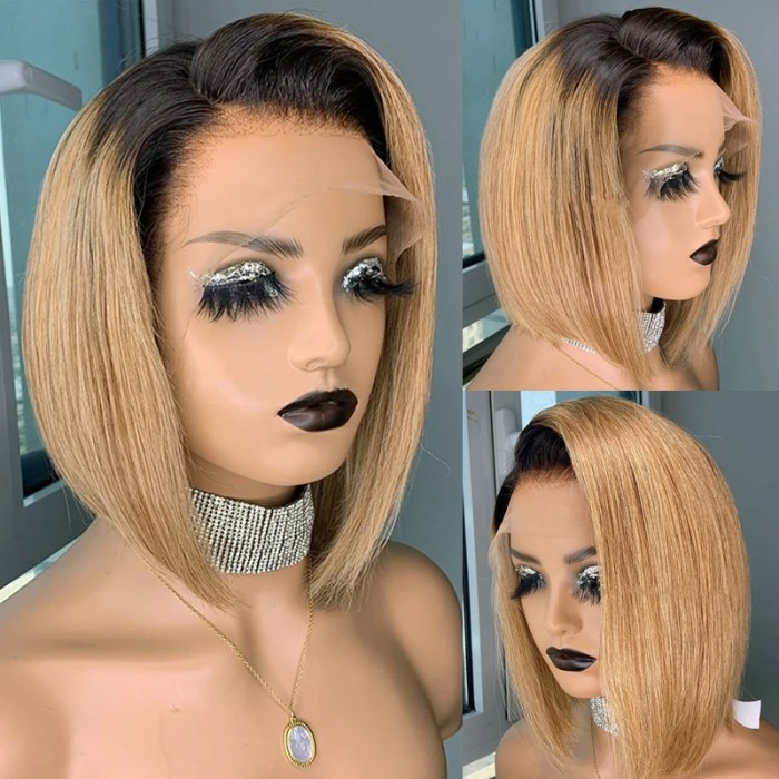 Nadula 13x4 Honey Blonde Ombre Bob Wig 1B27 Ombre Color Lace Front Human Hair Wigs Pre Plucked Straight Lace Frontal Wig