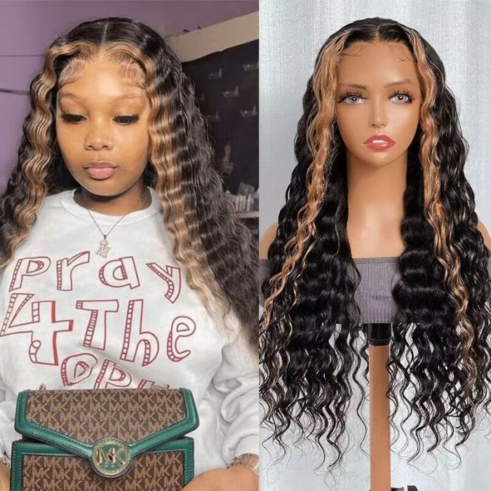 Nadula #1B27 Deep Wave Highlight Wig 13x4 Lace Frontal Human Hair Wigs for Women Gorgeous Honey Blonde Highlight Colored Wig