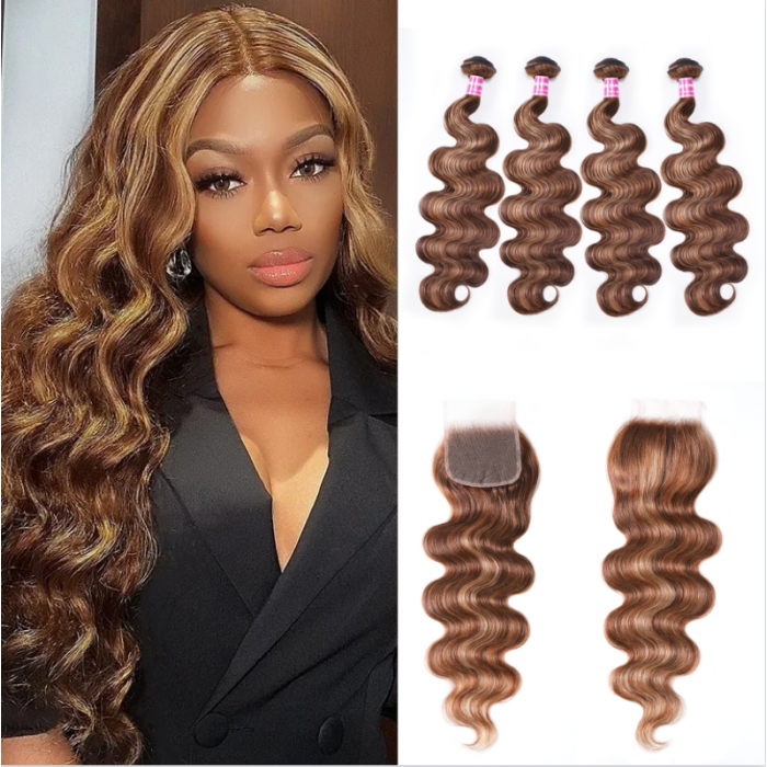 Nadula Body Wave 4 Bundles Hair Weave With Lace Closure Honey Blonde Highlight Color Unprocessed Human Hair