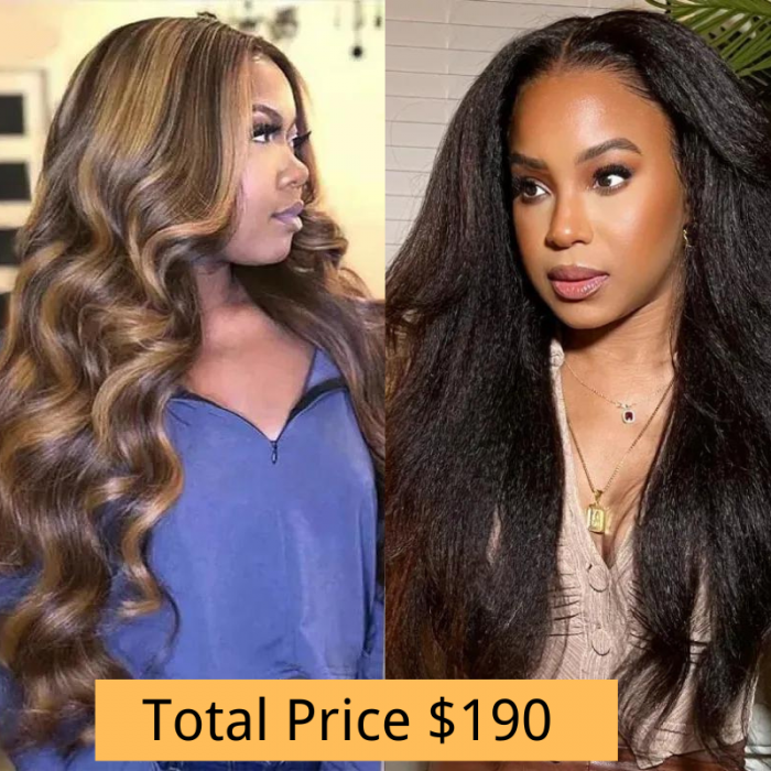 Nadula Buy One Get One Free 18 Inch Kinky Straight T Part Wig Remy Hair Wigs Middle Part Affordable Hand Tied Lace Wigs Pre-Plucked Natural Hairline