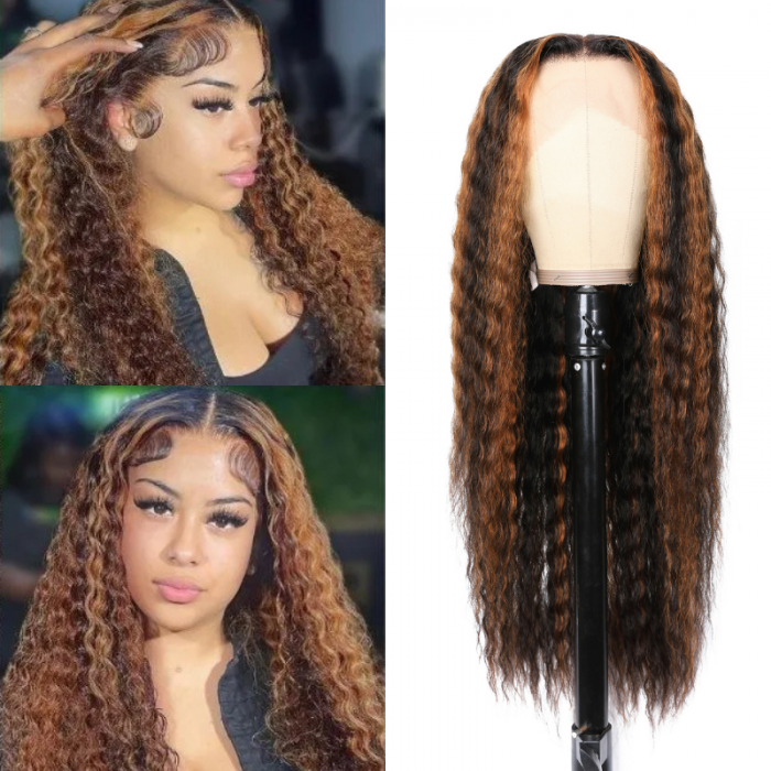 Nadula 24inch Beach Wave Lace Front Wig Natural Color With Brown Copper Highlights Bleached Knots 100% Human Hair Wig
