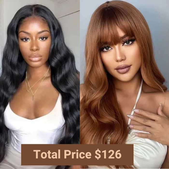 Nadula Flash Deal $126= 2 Wigs One 16 Inch Body Wave U part Wig With One 16 Inch Brown Straight Wig With Bangs
