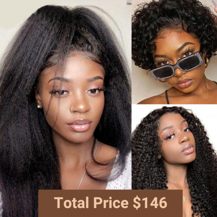 Nadula Flash Sale $146=3 Wigs 16 Inch Kinky Straight U part Wig +14 Inch Kinky Curly U part Wig +6 Inch Curly Pixie Cut Wig