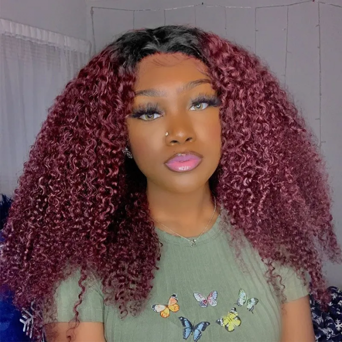 Nadula Glueless V Part Jerry Curly Wig 99J Burgundy Red Color With Dark Roots Beginner Friendly