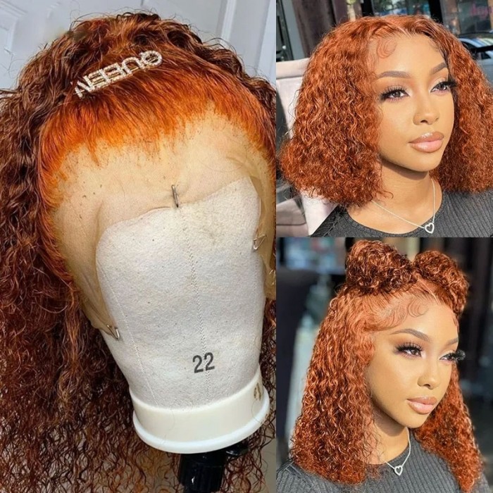 Nadula Ginger Orange Short Bob Human Hair Wig T Part Pre Plucked Water Wave Bob Wig For Women
