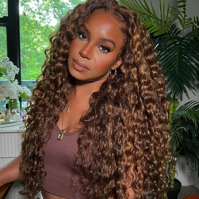 Nadula Flash Sale 13*4 Lace Frontal Water Wave Human Hair Wig Piano Brown Highlight Wig