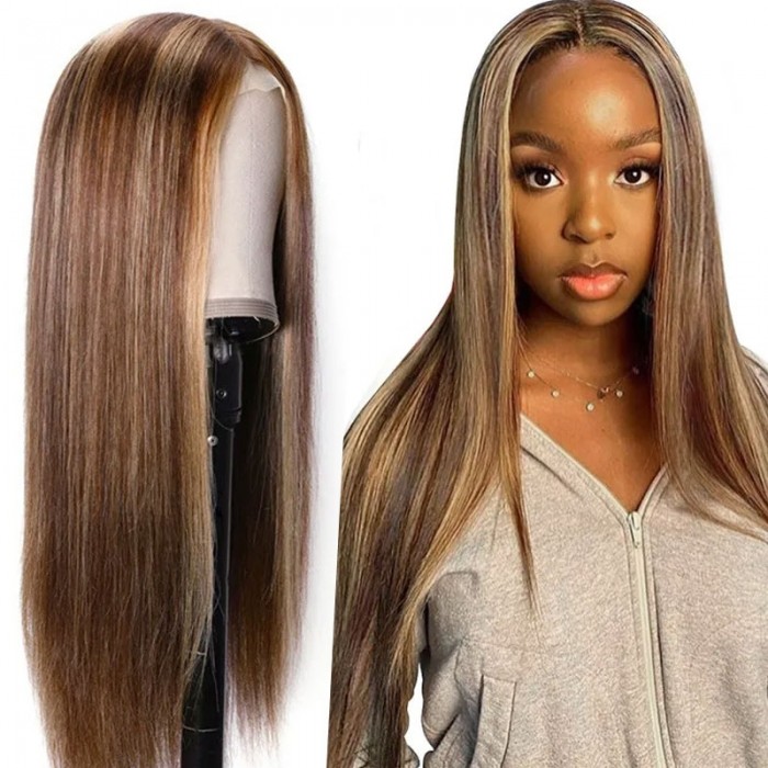 Nadula Brown Color Long Straight Human Hair Wigs Pre Plucked Middle Part 4x0.75 T Part Lace Wigs 150% Density Highlights Wigs