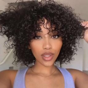 Nadula Short Bouncy Afro Curly Bob Wig With Bangs Glueless Wig