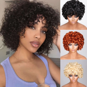 Nadula Short Bouncy Afro Curly Bob Wig With Bangs Glueless Wig