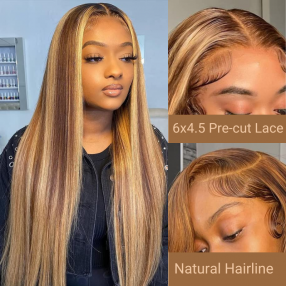 Nadula 6x4.5 Pre-cut Lace Closure Wigs Wear and Go Wig For Beginners Honey Blonde Highlight Straight Wig