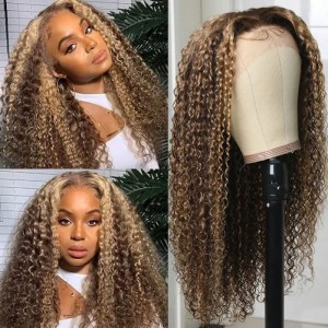 Nadula $101-$100 Sale Highlight Brown Curly Lace Front Wigs Honey Blonde Highlight Wigs Ombre Wig Human Hair 150% Density TL412 Color