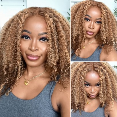 Nadula Highlight Brown Curly Lace Front Wigs Honey Blonde Highlight Wigs Ombre Wig Human Hair 150% Density TL412 Color