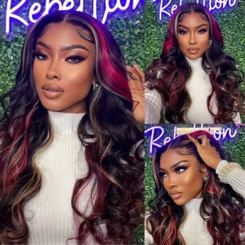 Nadula Multi Color Highlights Loose Wave 13x4 Lace Front Blonde And Red Big Body Wave Wigs Human Hair 